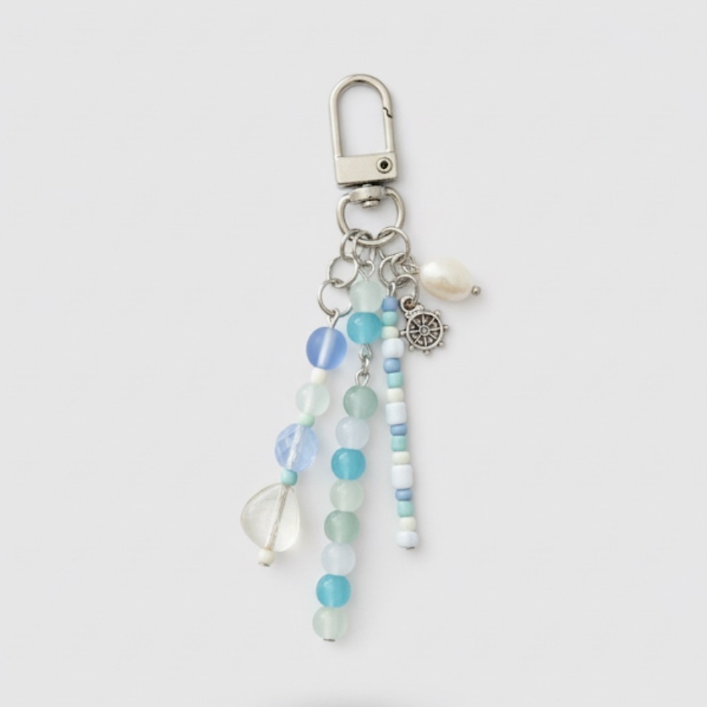 Sea Glass Ocean Beaded Bag Charm Keychain with Real Pearl Detail